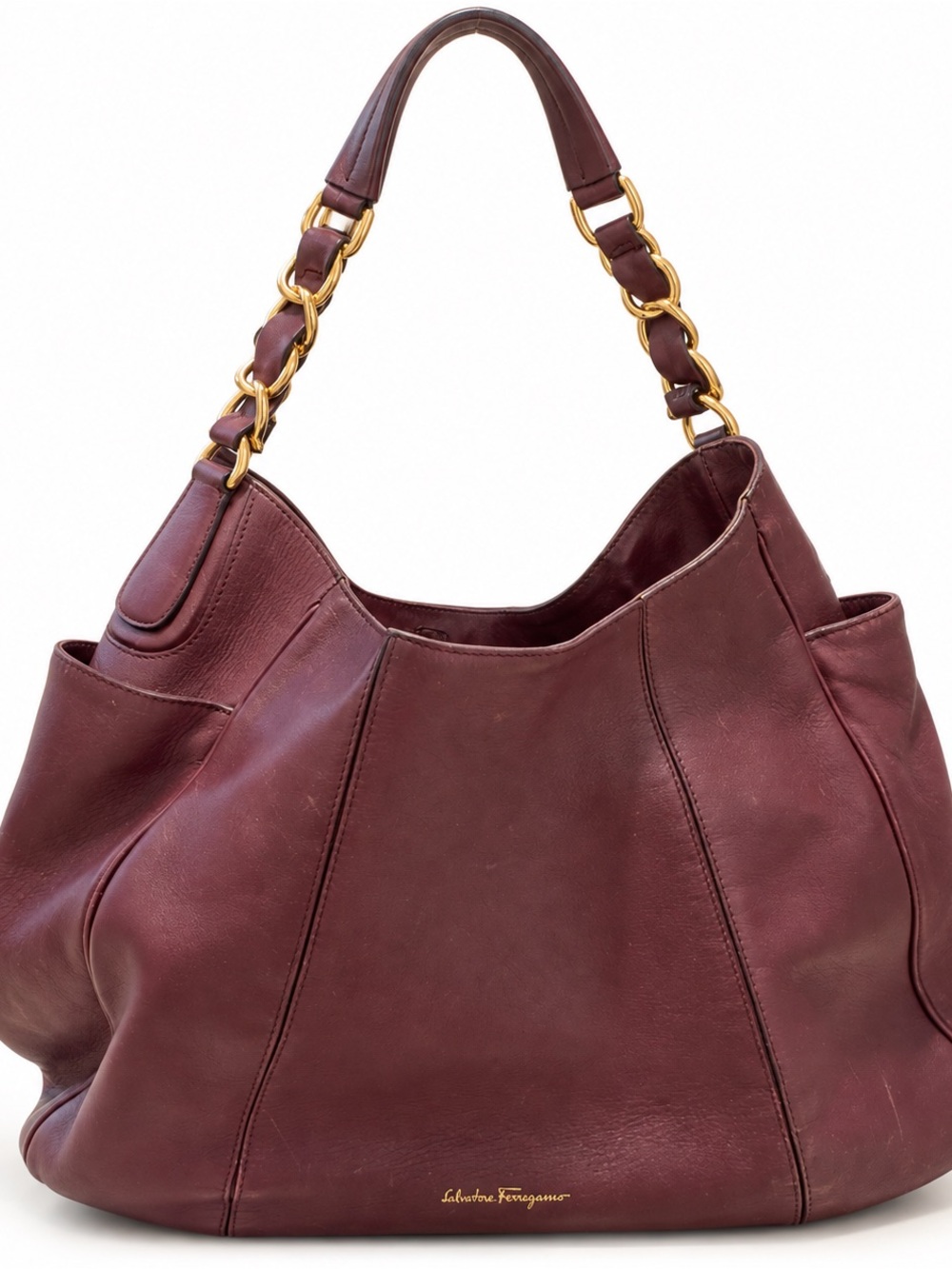 Ferragamo 21 F290 Burgundy Leather Chain Hobo Bag